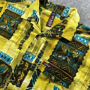 Willie Esco Button Down Shirt Mens XL Yellow Tribal Linen Cotton Vintage 90s‎